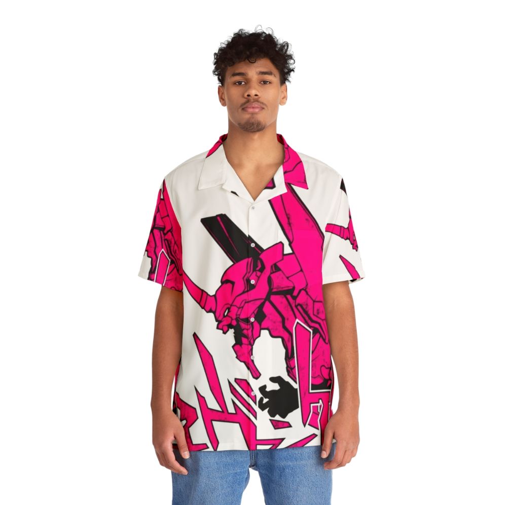 Pink Evangelion inspired Hawaiian shirt with vintage anime graphics - People Front