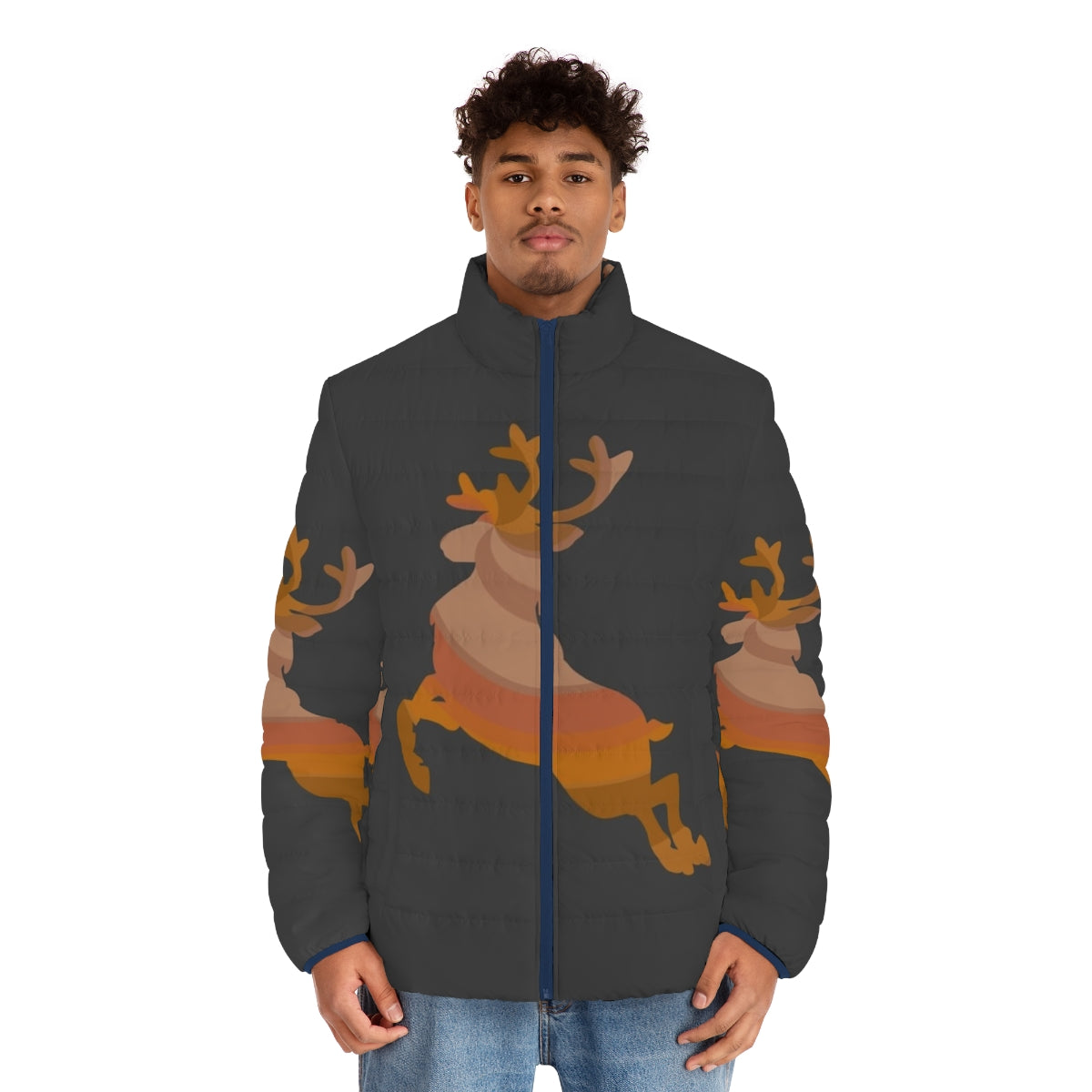 Reindeer puffer jacket with abstract, colorful design featuring legendary animals - men front