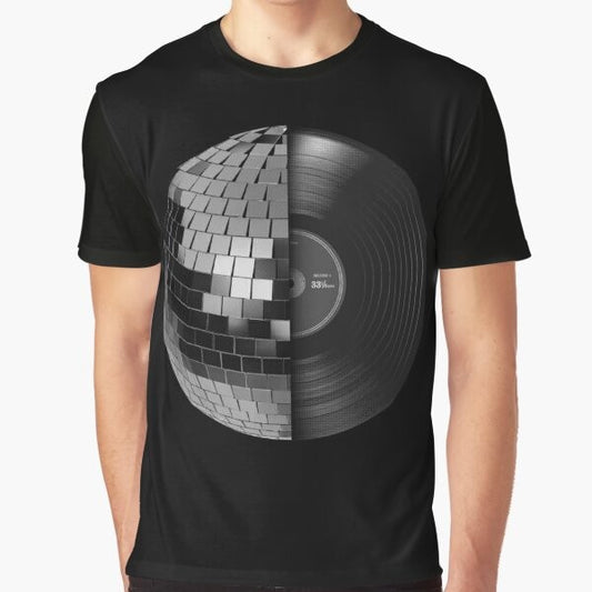 Disco graphic t-shirt featuring a mirrored disco ball on a vintage-inspired background