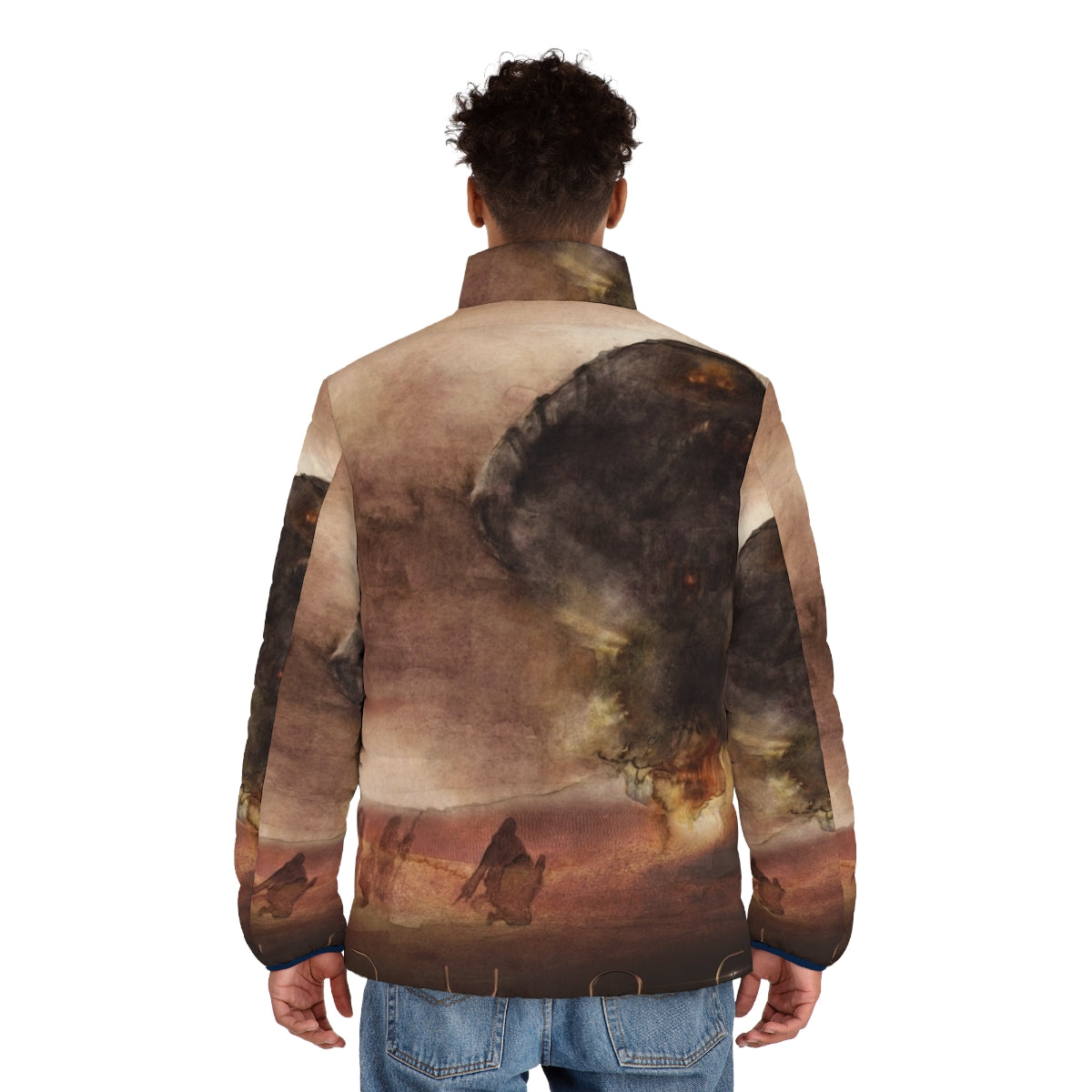 Dune 2020 Arrakis Puffer Jacket with Watercolor Dune Fan Art Design - men back