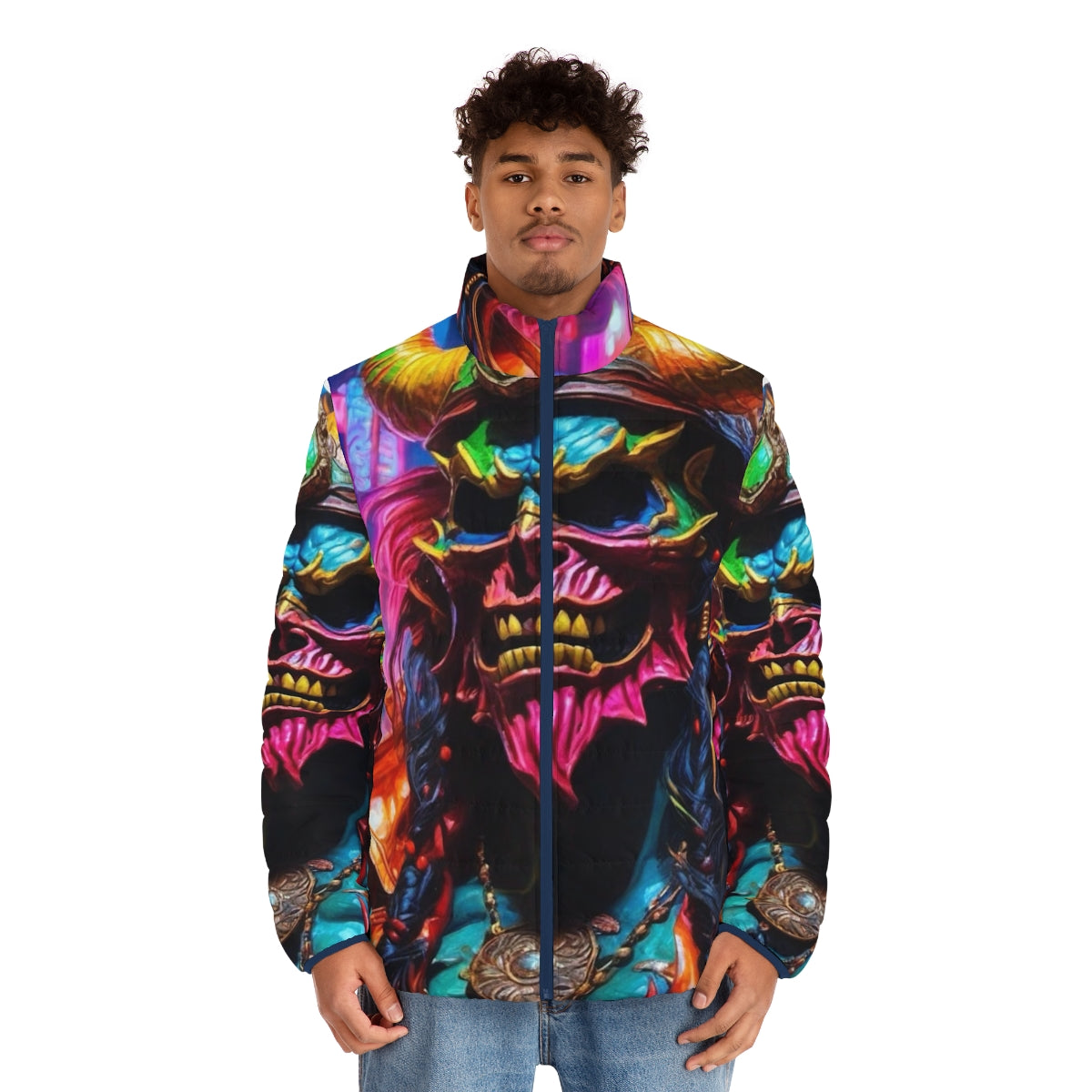 Neon puffer jacket with pirate, demon, and graffiti design - men front