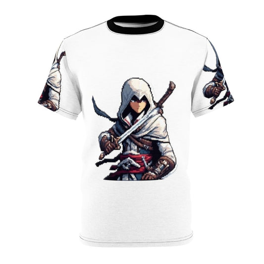 Pixel art design of an assassin character from the popular video game series, Assassin's Creed.