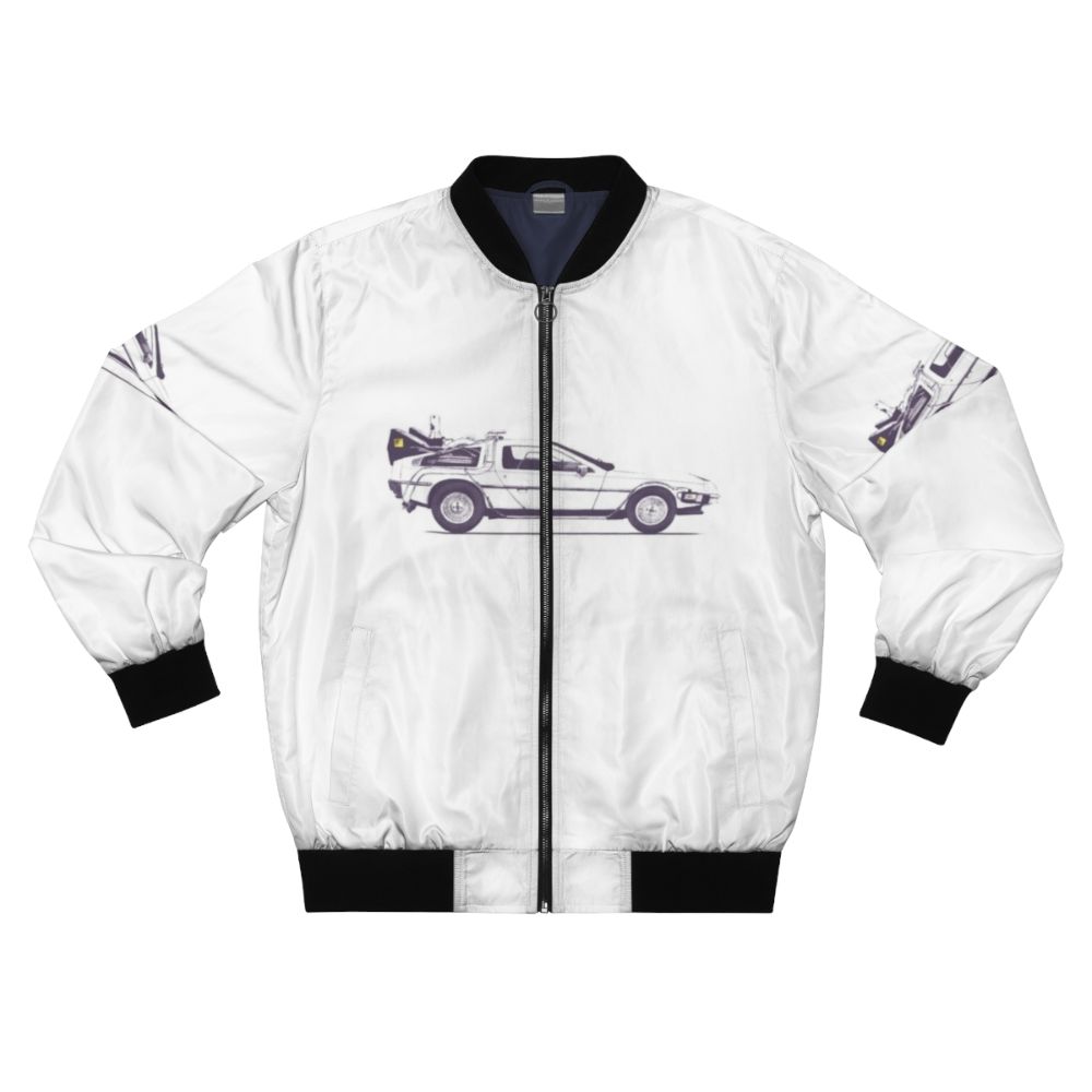 Delorean-inspired bomber jacket, featuring the iconic car from the Back to the Future movies