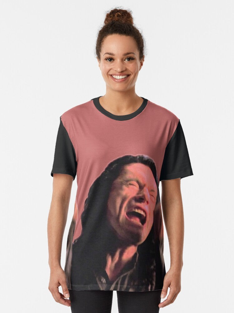 "The Room" graphic t-shirt with the quote "You're Tearing Me Apart Lisa!" and images of Tommy Wiseau. - Women