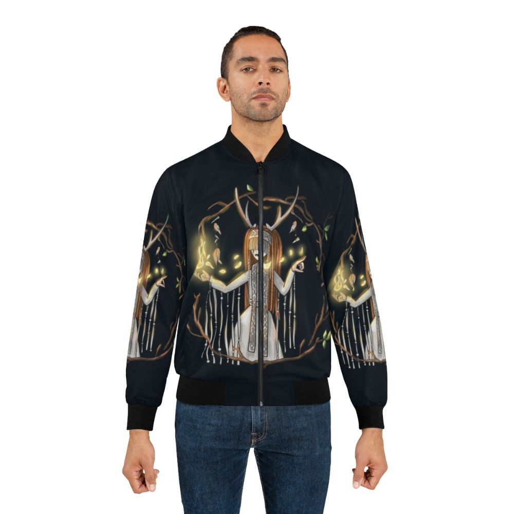 Heilung fanart bomber jacket featuring fantasy elements like fire, nature, and horns - Lifestyle