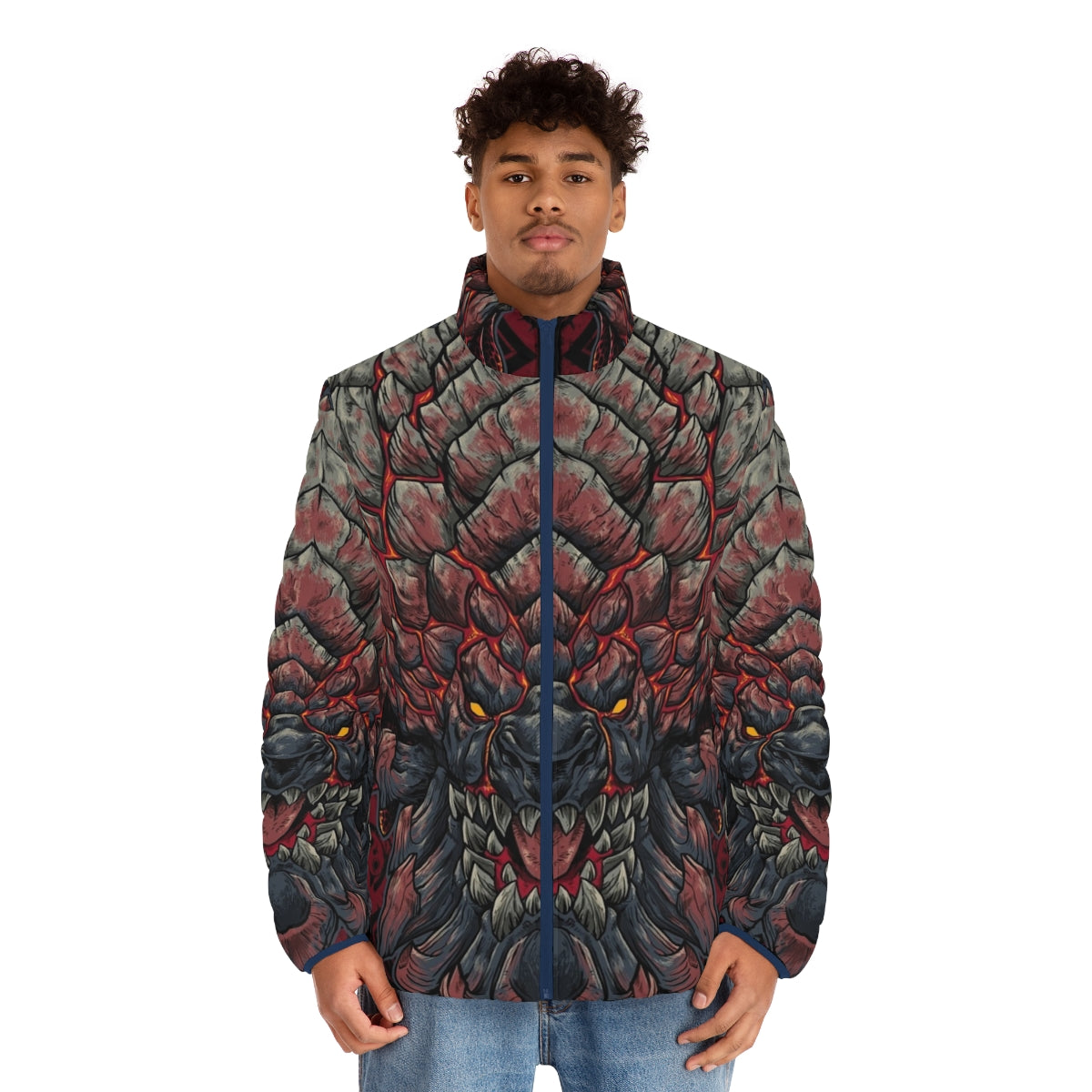 A warm and durable puffer jacket featuring the Bazelgeuse monster design, perfect for Monster Hunter fans. - men front