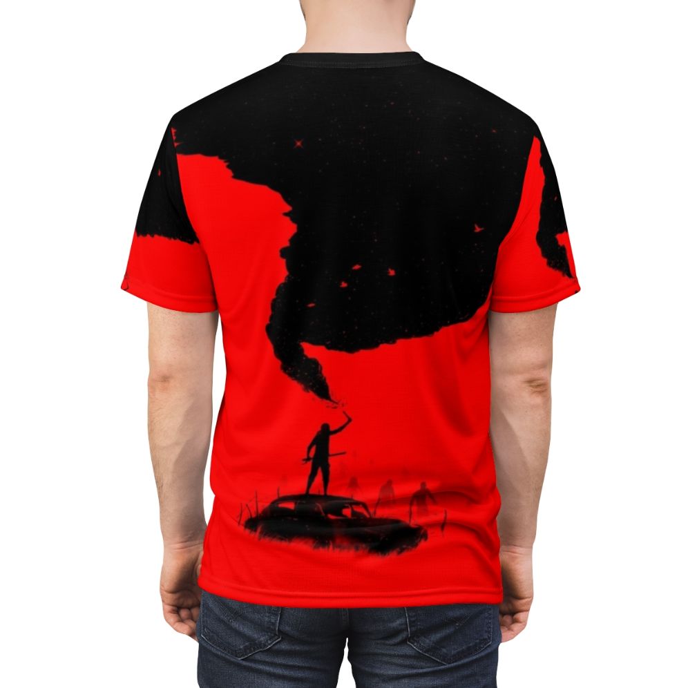 A dystopian graphic t-shirt featuring a silhouetted figure with a sword against a negative space background with sos text. - men back