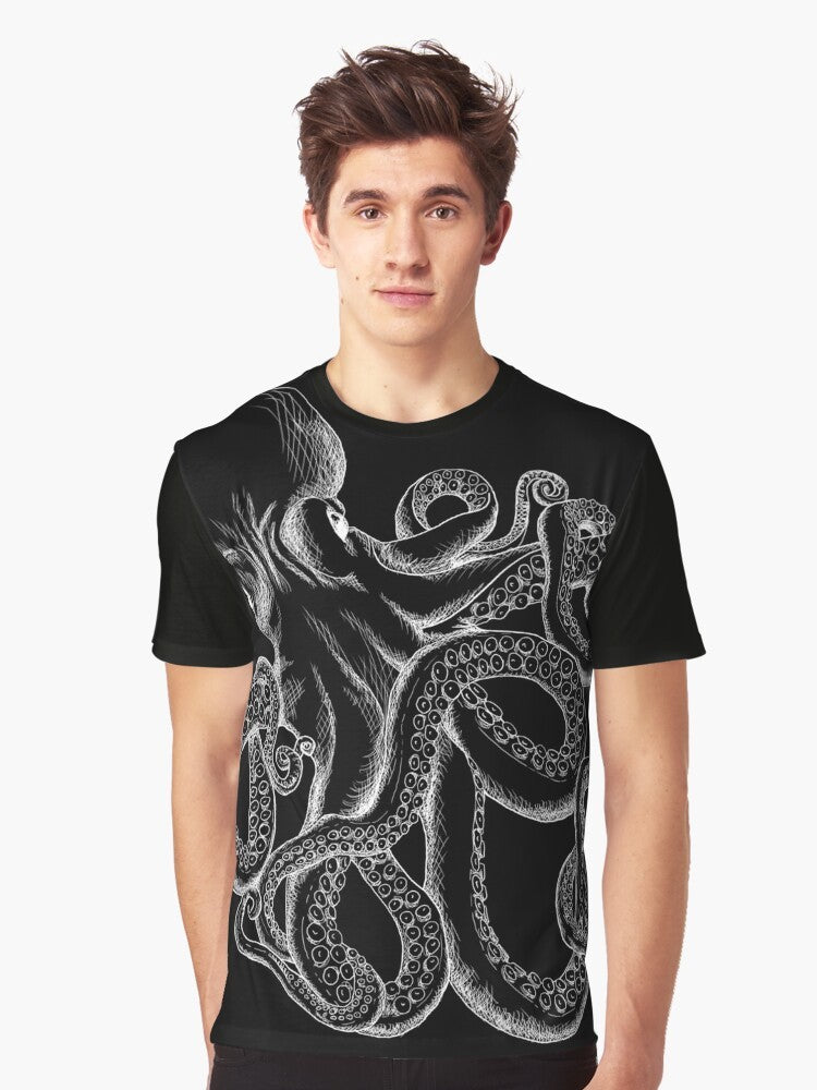 Octopus line art design on a white graphic t-shirt - Men