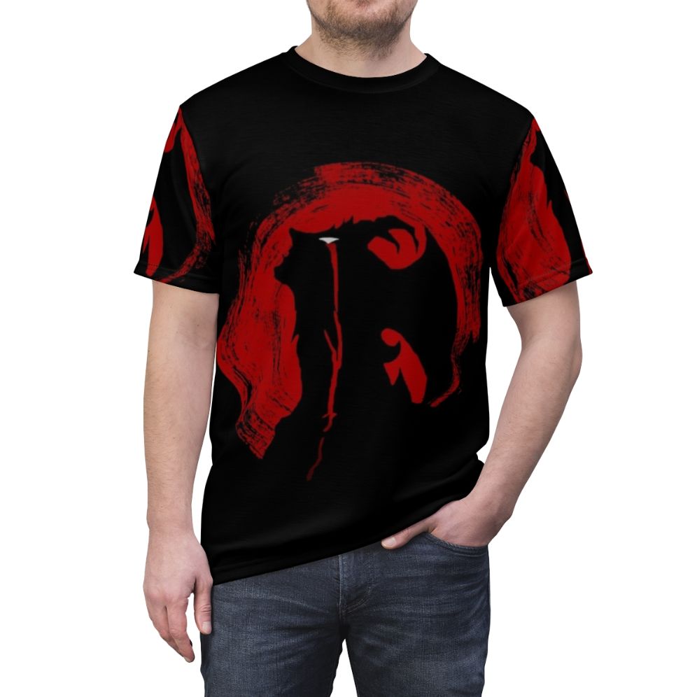 Graphic T-shirt featuring a crying baby with a demonic or supernatural design, inspired by anime and manga themes. - men front