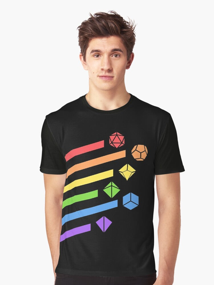Rainbow dice set graphic t-shirt for tabletop RPG gaming enthusiasts - Men