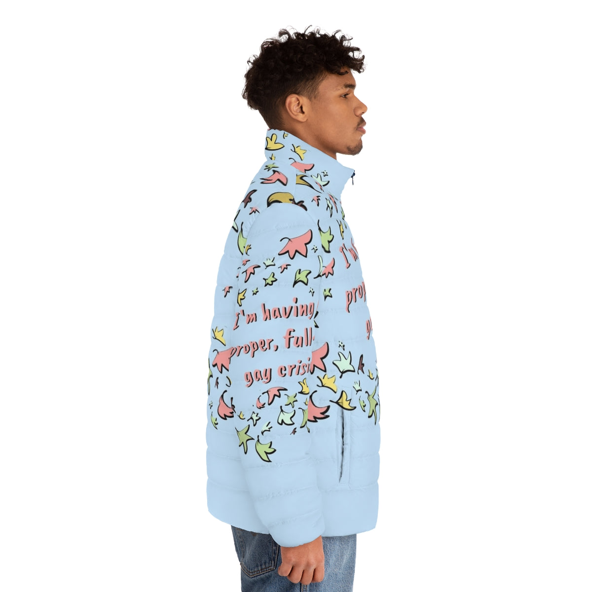 Heartstopper inspired puffer jacket featuring leaves design and Nick and Charlie characters - men side right