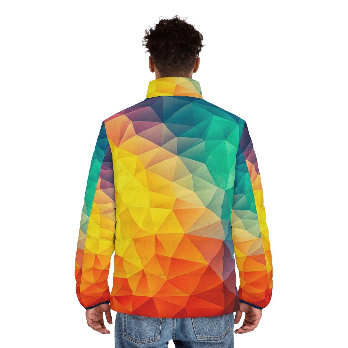 Colorful abstract geometric puffer jacket - men back