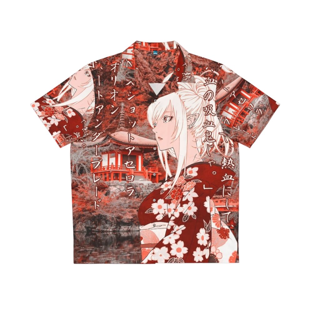 Anime-inspired Hawaiian shirt with Kizumonogatari-themed graphics