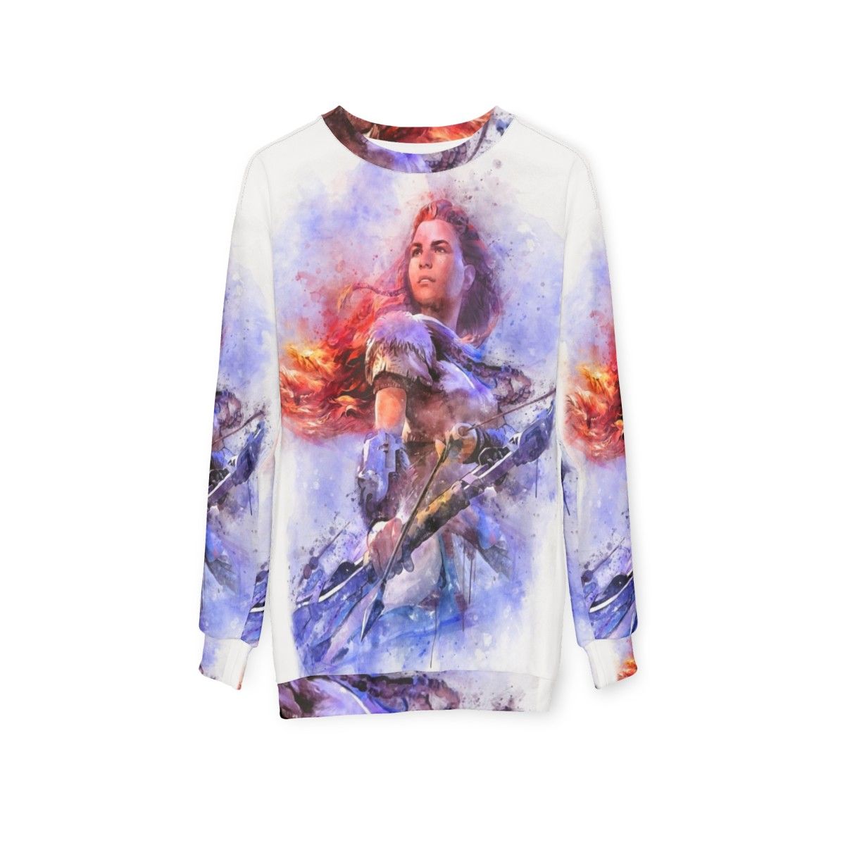 Aloy Watercolor Sweatshirt - Horizon Zero Dawn Gaming Apparel - hanging