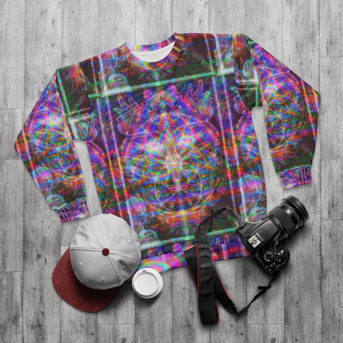 Metaphysical Realms visionary art psychedelic sweatshirt - flat lay