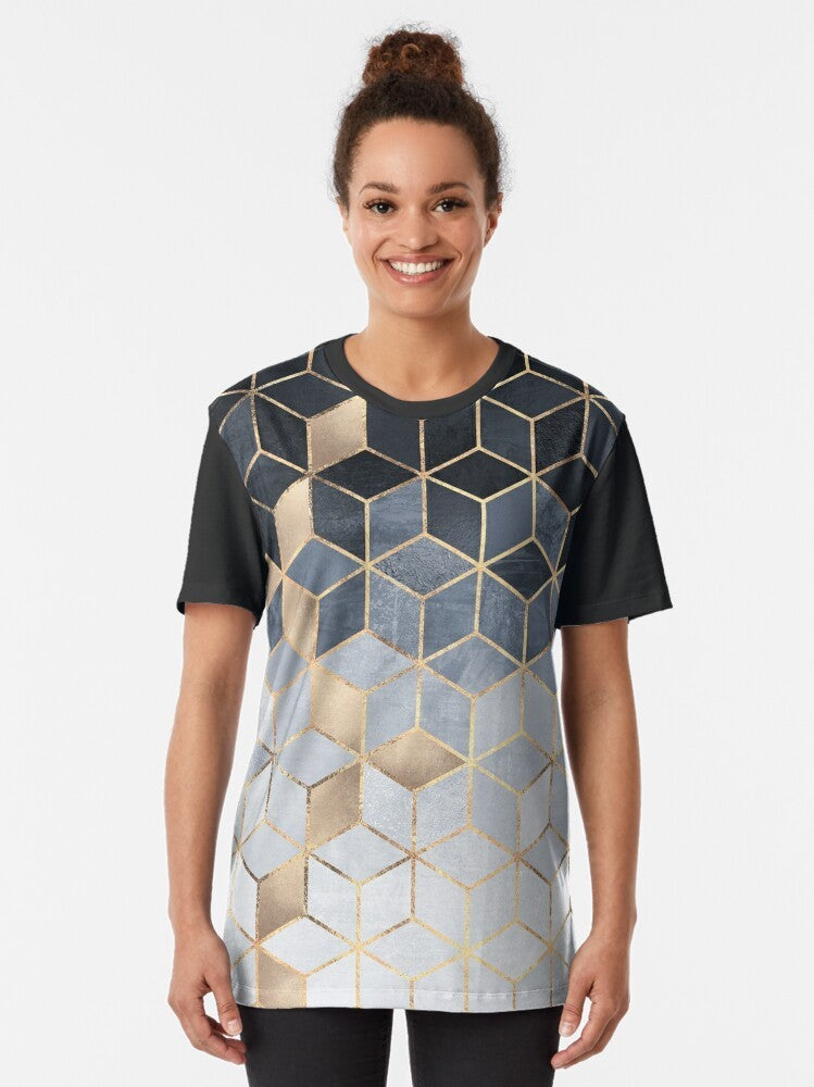 Blue gradient cubes geometric graphic design on a t-shirt - Women