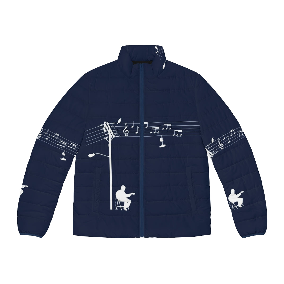 White puffer jacket with music-inspired vector art design