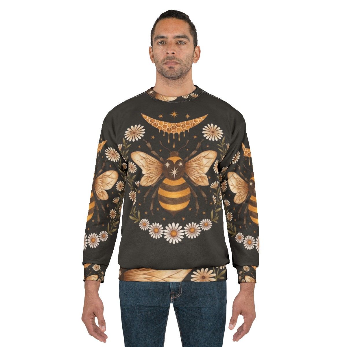 Honey Moon Witch Sweatshirt with Floral Honeycomb and Crescent Moon Design - men