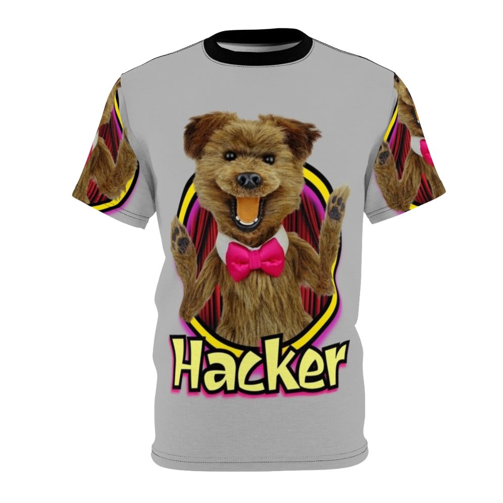 Vibrant and nostalgic t-shirt design featuring a puppet character in a hacker-inspired style