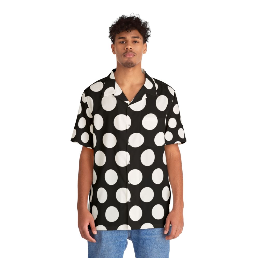 Large white polka dots on black Hawaiian shirt - People Front