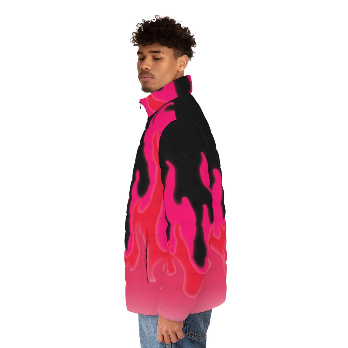 Reddish pink puffer jacket with vibrant flames pattern - men side left