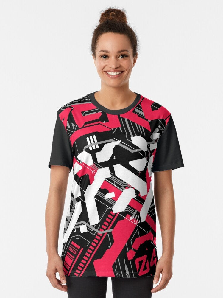 Cyberpunk techwear graphic t-shirt with futuristic mech design and Japanese-inspired elements - Women