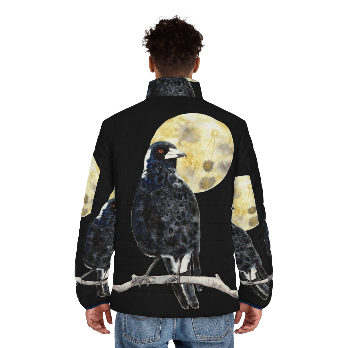 Moonlit Magpie Puffer Jacket featuring an illustration of an Australian magpie - men back