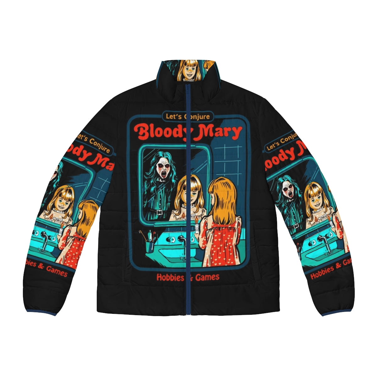 Stylish puffer jacket featuring a Bloody Mary theme, perfect for winter hobbies and games