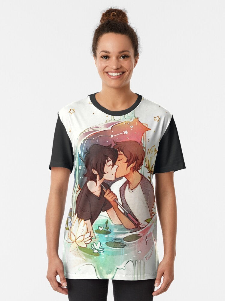 A graphic t-shirt design featuring characters from the Voltron anime series, including Keith and Lance, set against a night sky full of stars. - Women