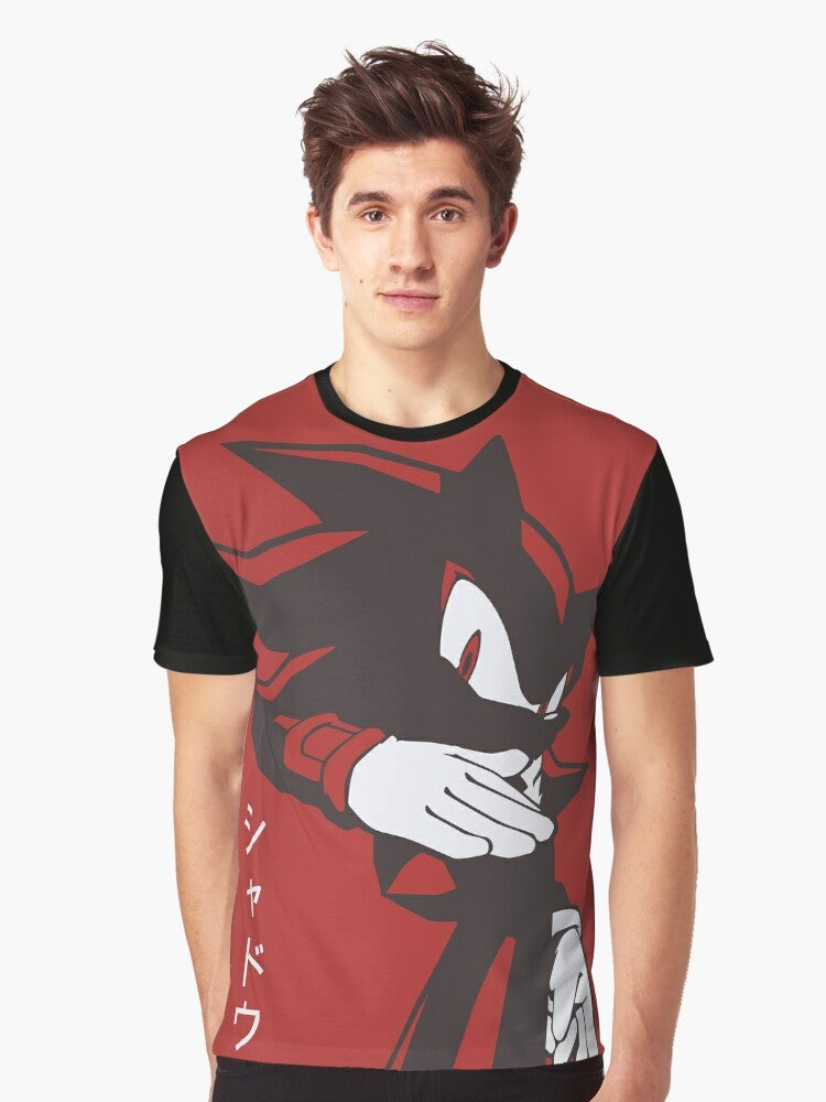 Shadow Hedgehog anime manga style graphic t-shirt with red background - Men