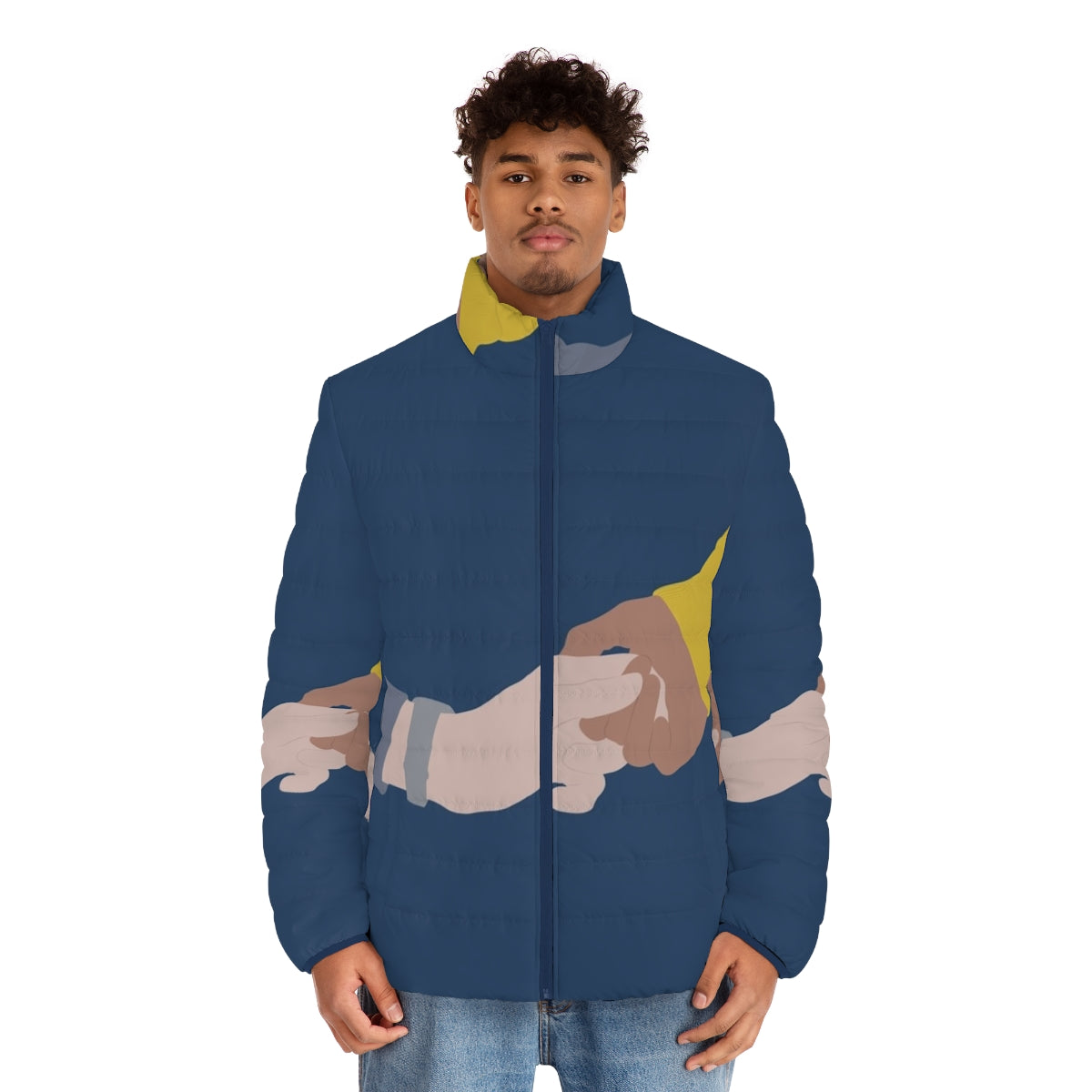 "What Will Happen To Us I Don't Know" Young Royals inspired puffer jacket with minimal line art design - men front