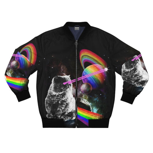 A bomber jacket featuring a cat with laser eyes in a cosmic, rainbow-colored space scene.