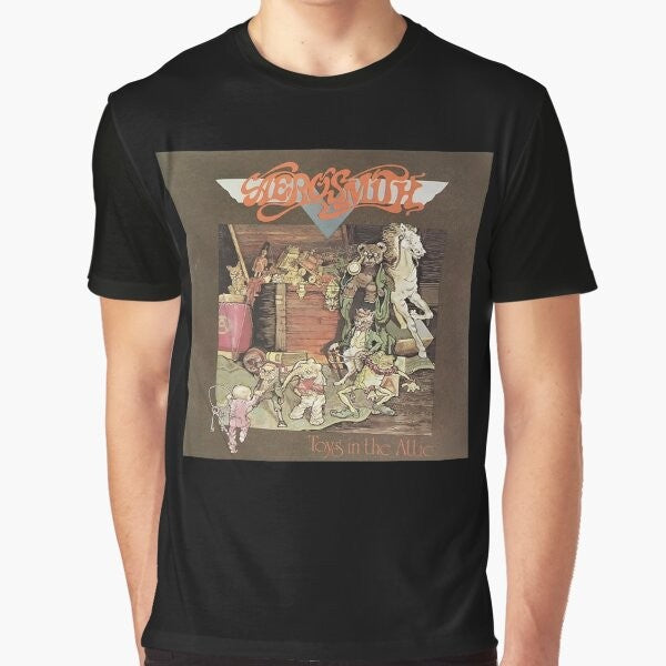 Graphic t-shirt with an image of toys in a scary room