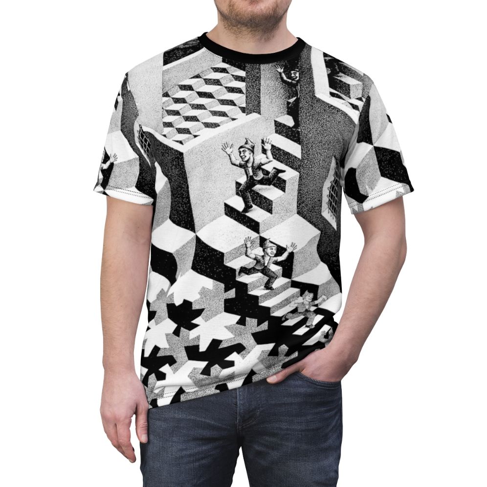 M C Escher inspired t-shirt featuring the artist's iconic surreal and cubist artwork - men front