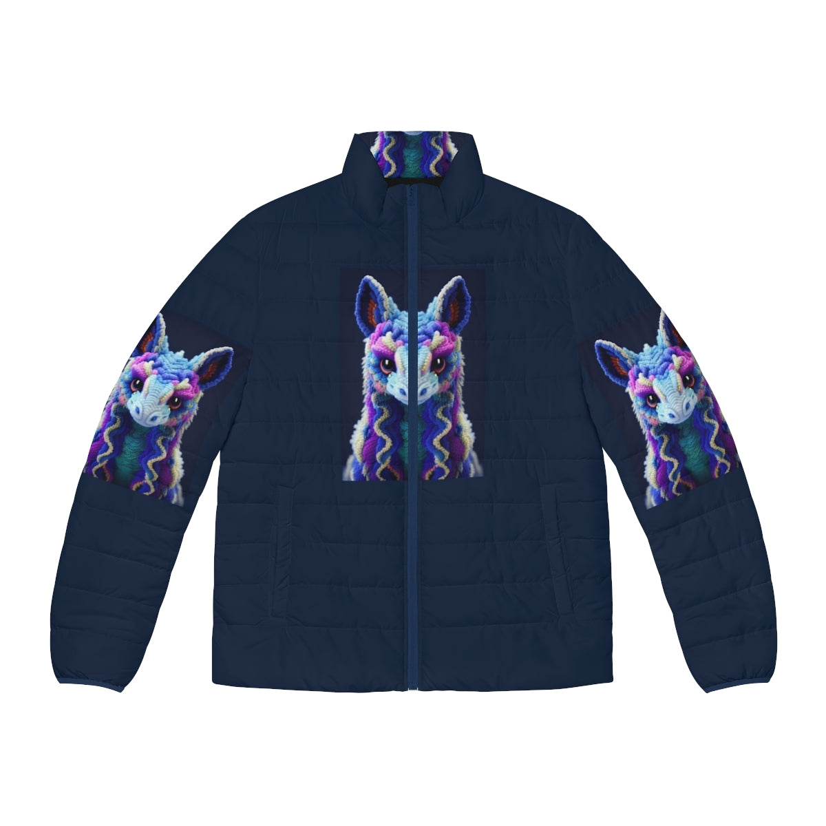 Mythical creature puffer jacket with vibrant, artistic fantasy design