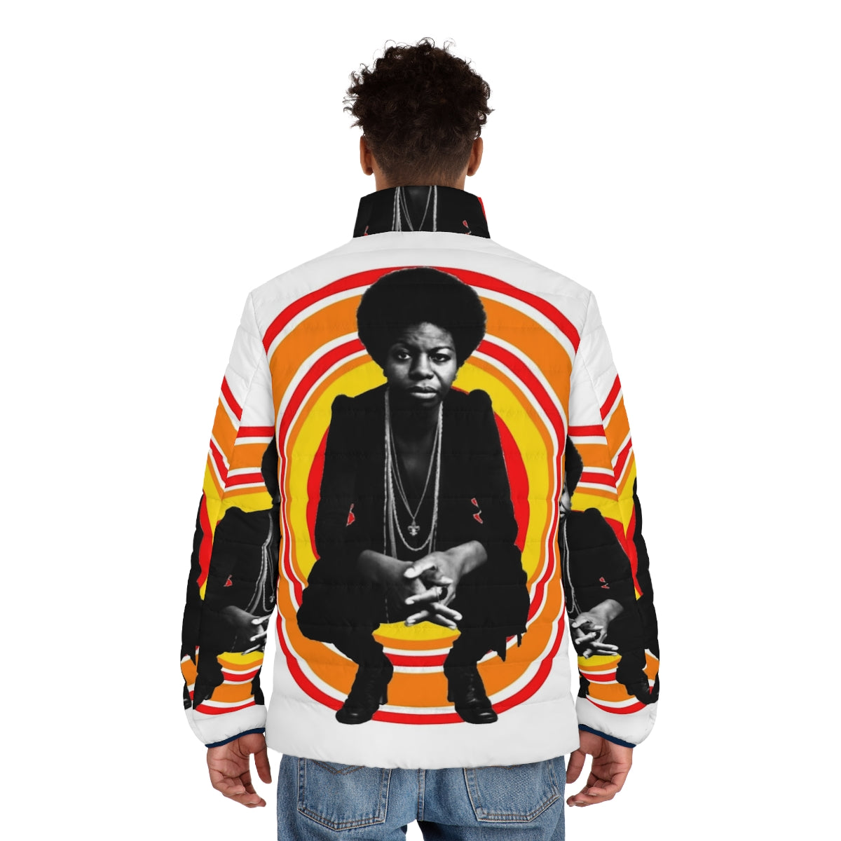 Retro puffer jacket featuring a portrait of jazz singer and pianist Nina Simone - men back