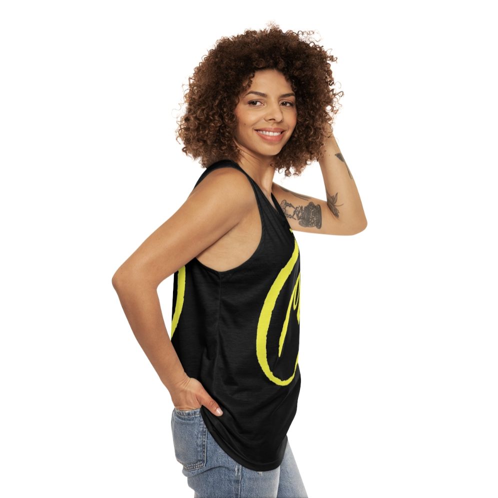 Unisex yellow tank top inspired by the Blake and Mortimer graphic novel series - women side