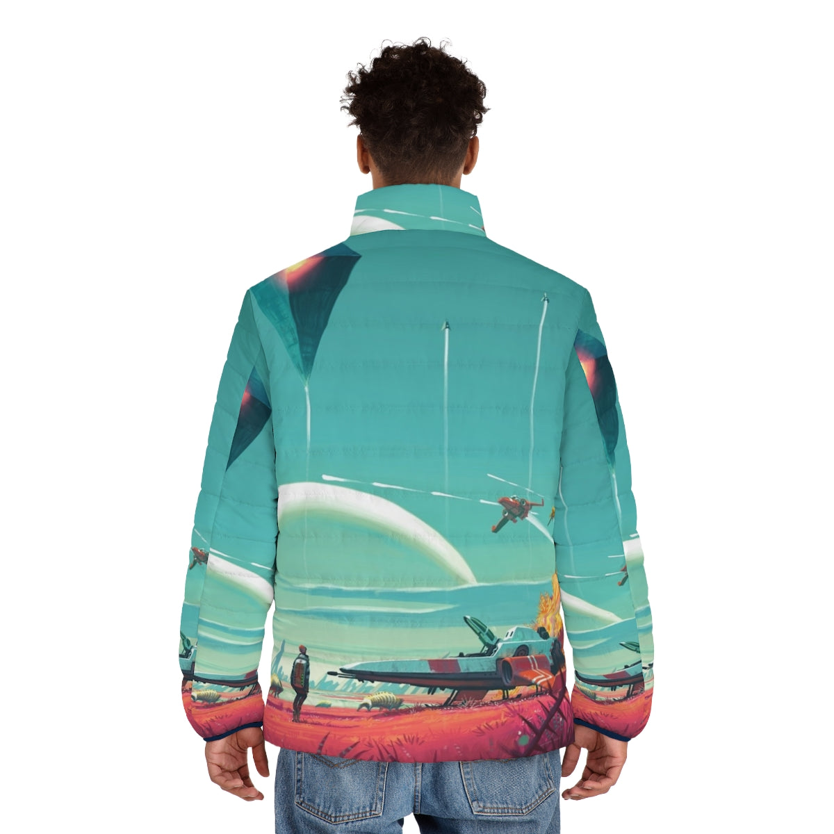 No Man's Sky Horizon Puffer Jacket featuring a spaceship design - men back