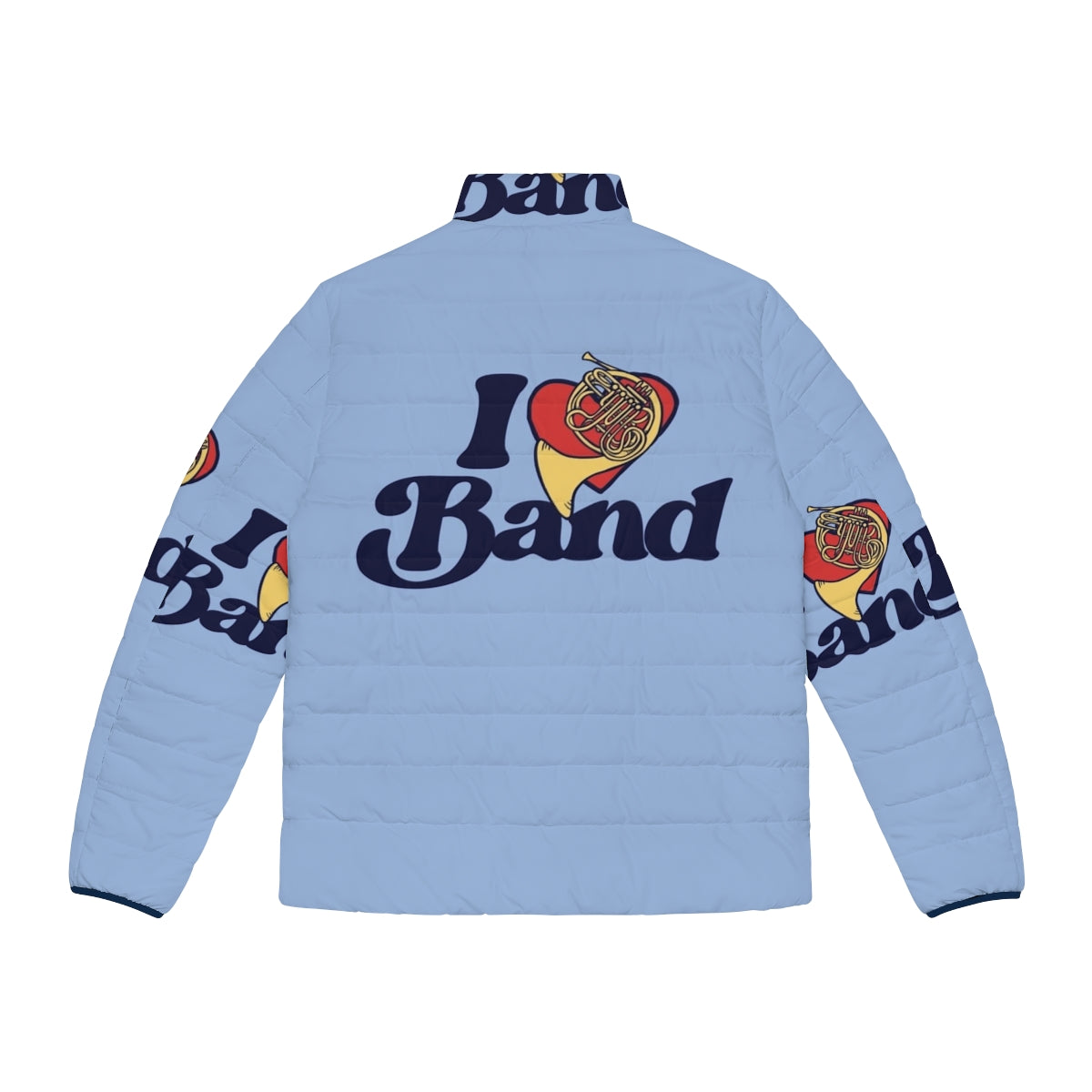 A cozy puffer jacket featuring the text "I Love Band" - Back