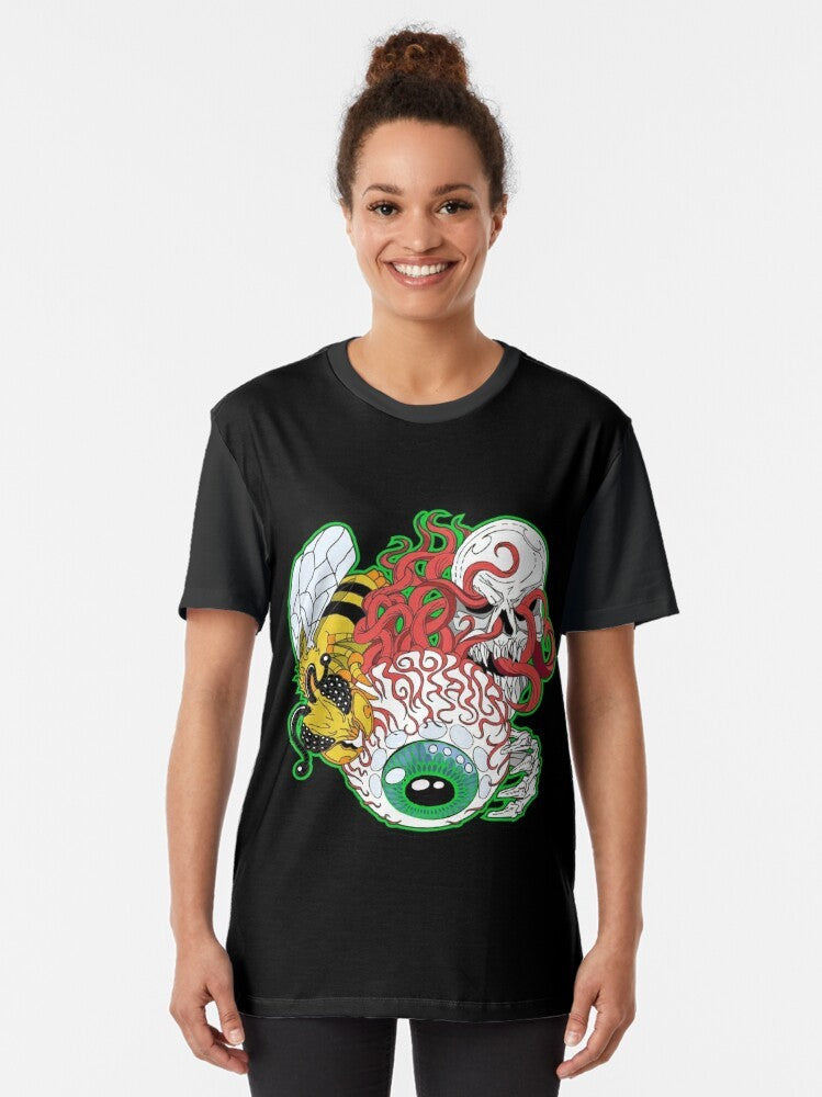 Terraria Eye of Cthulhu graphic t-shirt featuring a skull, skeleton, and bee design - Women