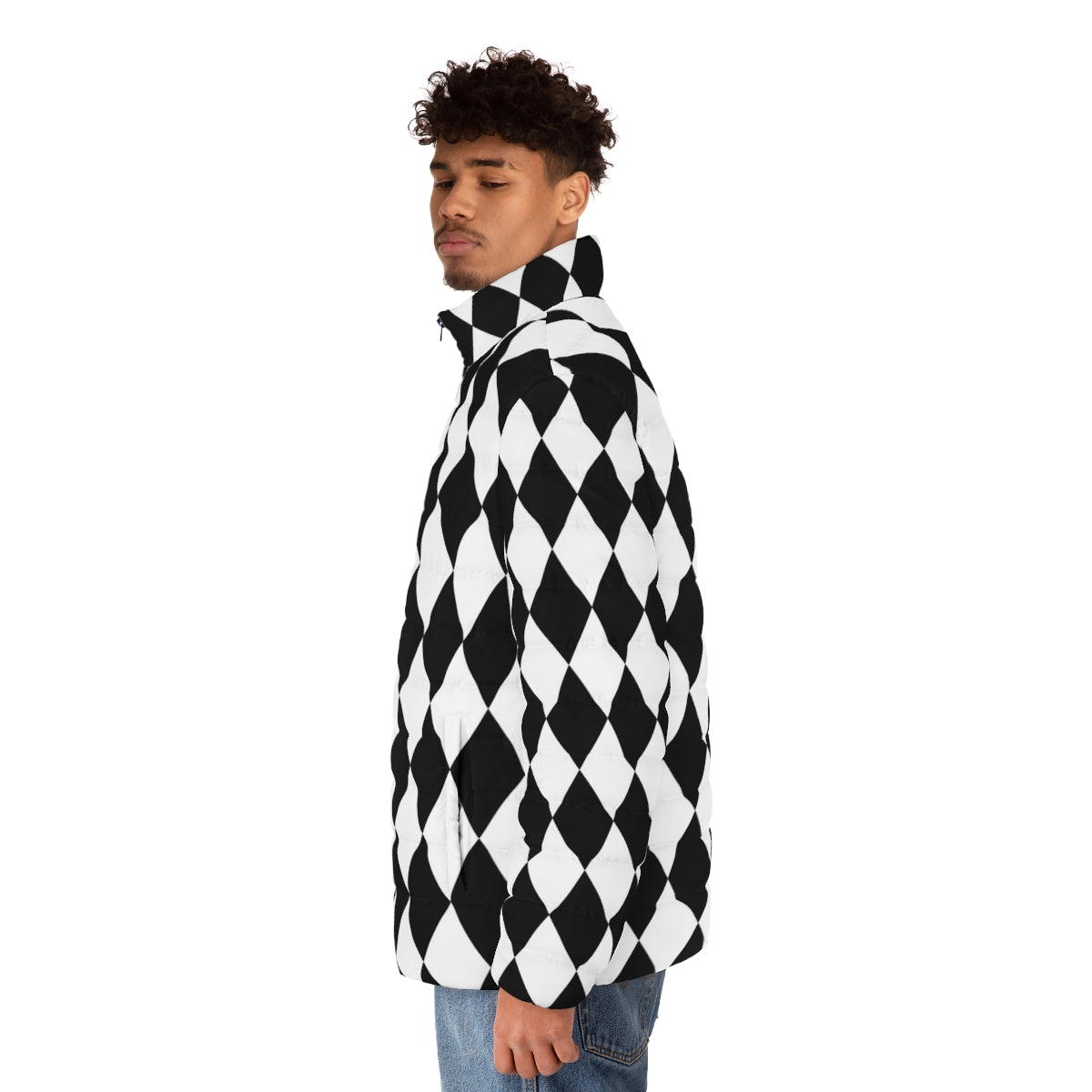 Black and white harlequin diamond pattern puffer jacket - men side left