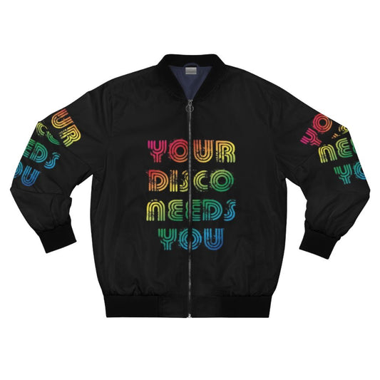 Colorful bomber jacket with "Your Disco Needs You" text and pride rainbow flag design