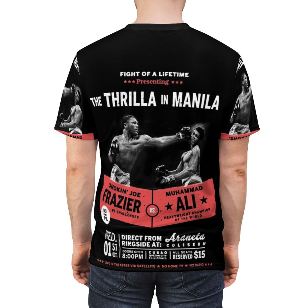 Retro-style t-shirt design inspired by the legendary "Thrilla in Manila" boxing match between Muhammad Ali and Joe Frazier - men back