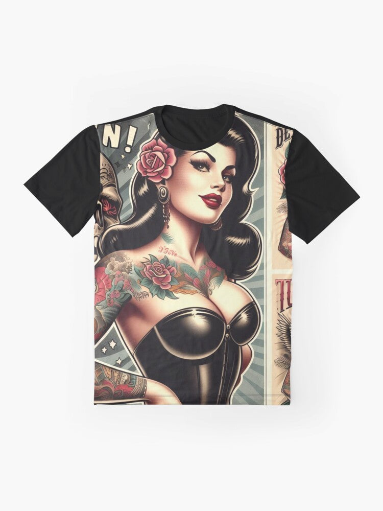 Vintage tattoo pin-up girl graphic t-shirt - Flat lay