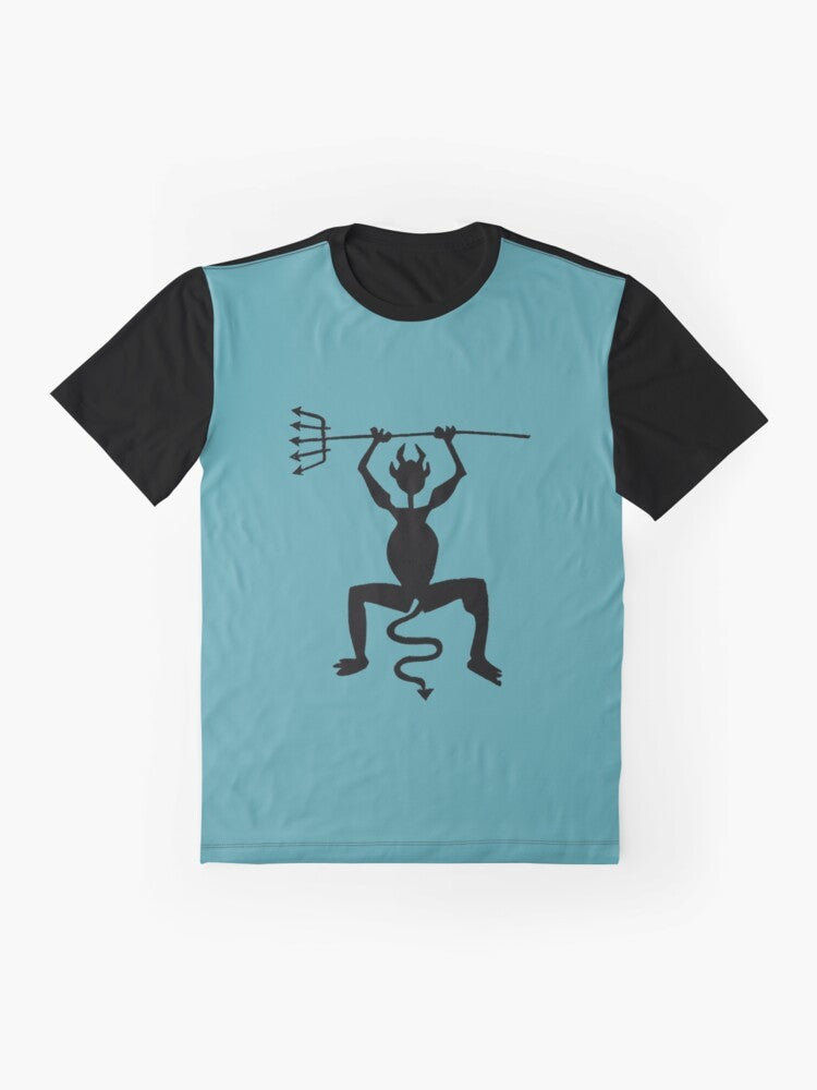 Lanzarote Fire Devil Graphic T-Shirt with Demon, Pitchfork, and Tail Design - Flat lay