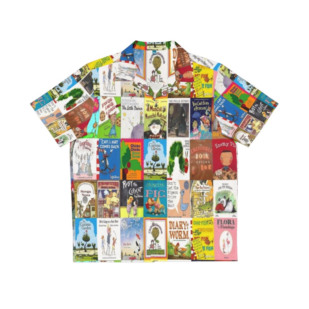 Children's picture book covers featured on a tropical Hawaiian shirt