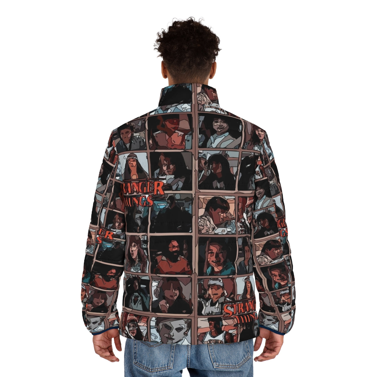 Stranger Things Fan Art Puffer Jacket with Eleven, Dustin, and Steve Harrington graphics - men back