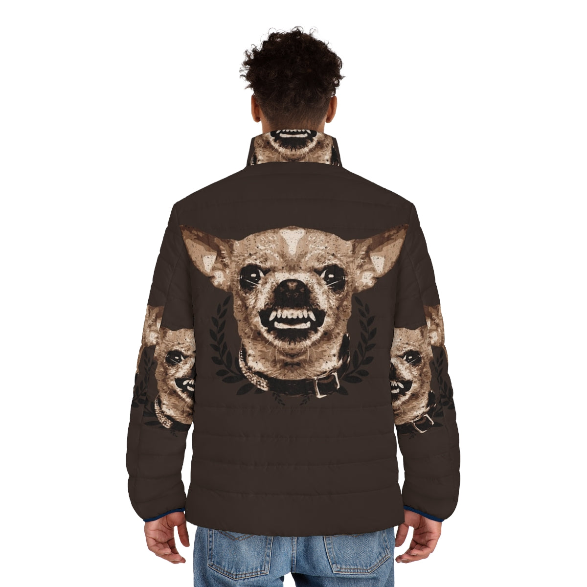 Chihuahua wearing a cozy puffer jacket - men back