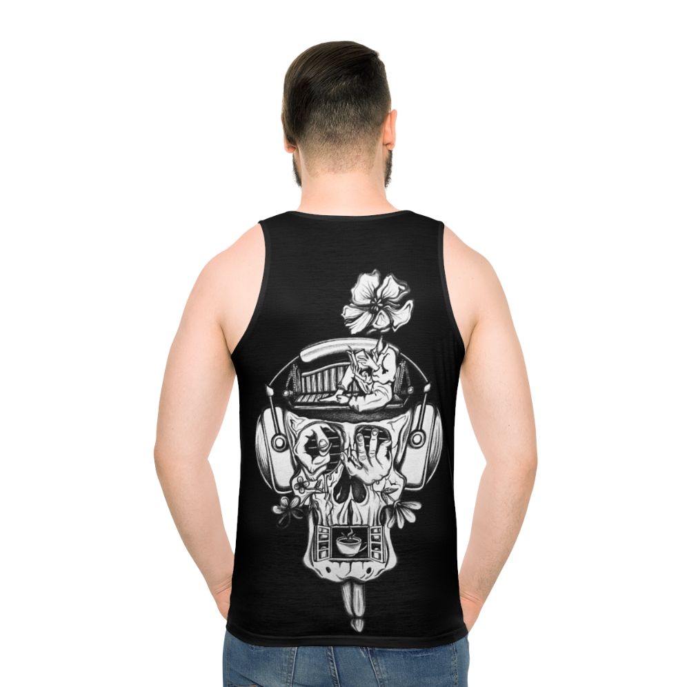 Unisex tank top featuring surrealist "Music of the Mind" design - men back