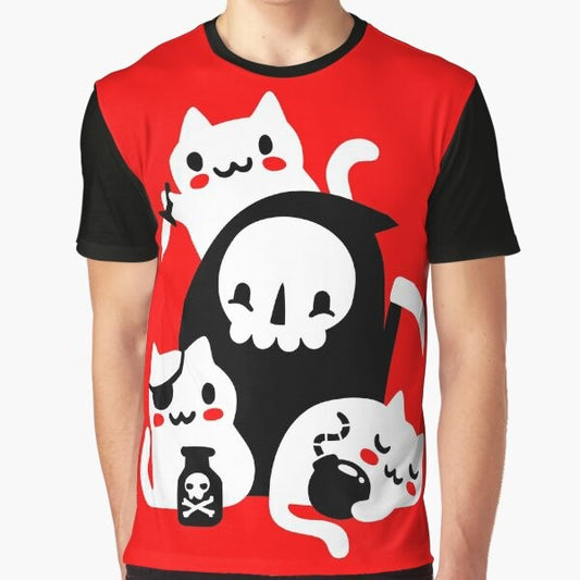 Funny cat graphic t-shirt with a grim reaper and skull design